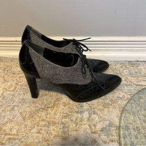 Marc Fisher Lendya Patten & Tweed Oxford heel booties shoes size 9.5 black grey